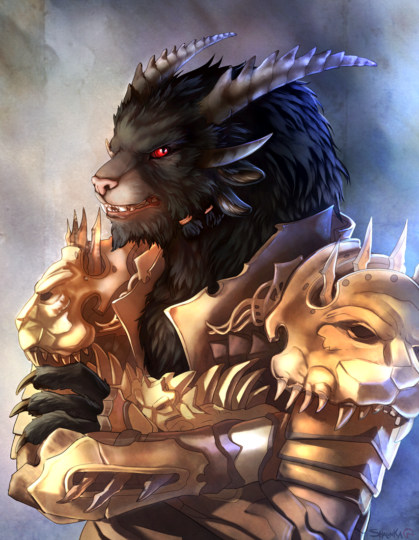 2018 4_ears armor black_fur charr digital_media_(artwork) feline fur guild_wars horn looking_at_viewer mammal multi_ear pink_nose red_eyes ridged_horn shalinka simple_background solo teeth video_games