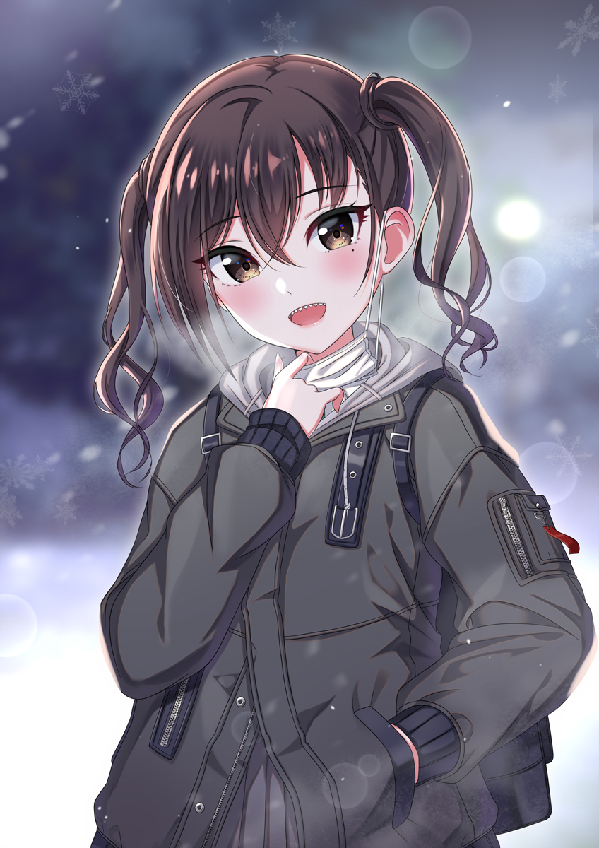 1girl :d bangs black_jacket blush brown_eyes brown_hair commentary_request eyebrows_visible_through_hair grey_skirt hair_between_eyes hand_in_pocket hand_up head_tilt highres idolmaster idolmaster_cinderella_girls idolmaster_cinderella_girls_starlight_stage jacket long_hair long_sleeves mask_pull mole mole_under_eye open_mouth pleated_skirt puffy_long_sleeves puffy_sleeves pulled_by_self sharp_teeth skirt sleeves_past_wrists smile solo sunazuka_akira surgical_mask sutoroa teeth twintails winter