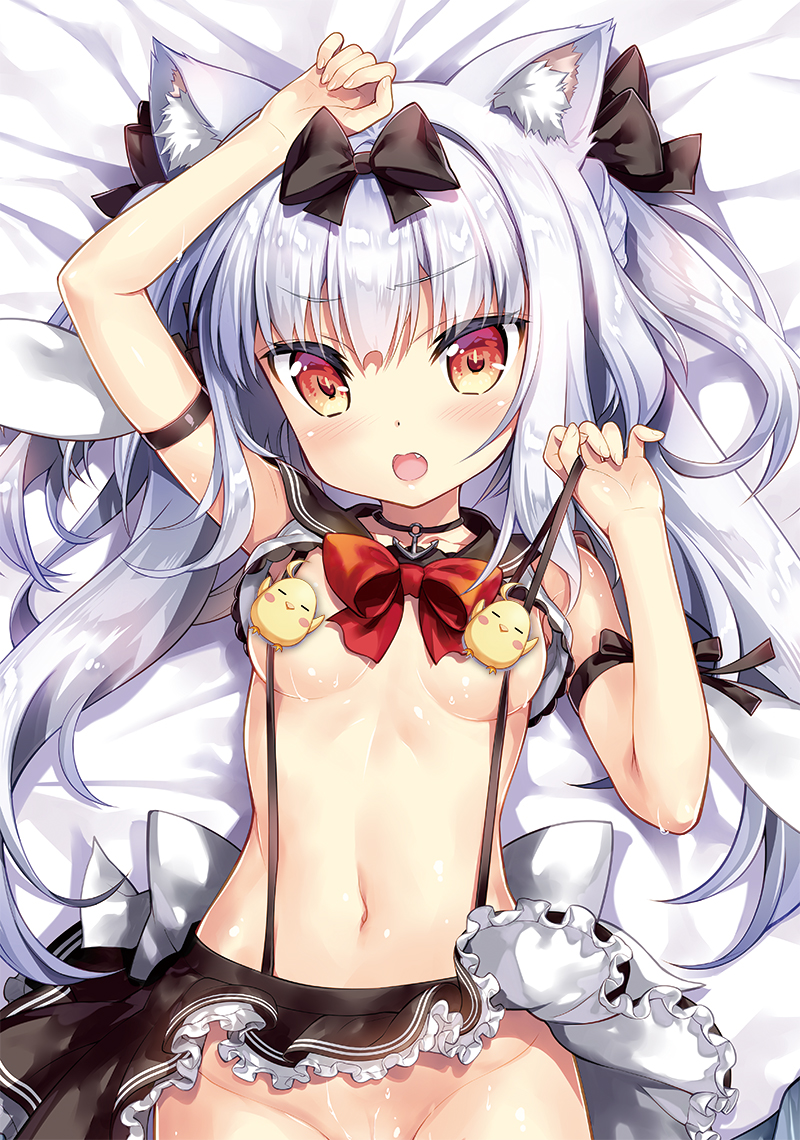 anchor_choker animal_ears arm_up azur_lane bangs bed_sheet bird black_bow black_choker black_sailor_collar black_skirt blush bow breasts cat_ears censored chick choker collarbone commentary_request dakimakura eyebrows_visible_through_hair fang fingernails fujima_takuya groin hair_between_eyes hair_bow hand_up head_tilt long_hair looking_at_viewer lying medium_breasts navel no_panties novelty_censor on_back open_mouth out-of-frame_censoring pleated_skirt red_bow red_eyes sailor_collar school_uniform serafuku shirt shirt_lift silver_hair skirt skirt_lift solo suspender_skirt suspenders twintails very_long_hair white_shirt yukikaze_(azur_lane)