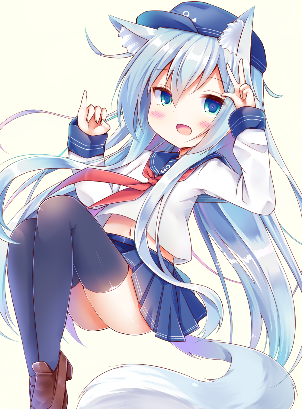 :d anchor_symbol animal_ears arm_up bangs black_legwear blue_eyes blue_hat blue_sailor_collar blue_skirt blush brown_footwear commentary_request esureki eyebrows_visible_through_hair fingernails flat_cap grey_background hair_between_eyes hand_up hat hibiki_(kantai_collection) highres kantai_collection kemonomimi_mode loafers long_hair long_sleeves looking_at_viewer navel neckerchief open_mouth pleated_skirt red_neckwear sailor_collar school_uniform serafuku shirt shoes silver_hair simple_background skirt sleeves_past_wrists smile solo tail thighhighs thighs very_long_hair white_shirt wolf_ears wolf_girl wolf_tail
