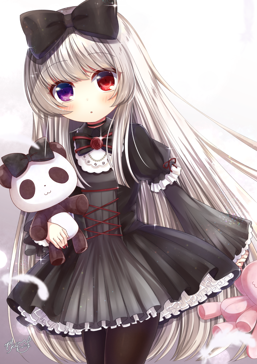 :o bangs black_bow black_dress black_legwear blush bow commentary_request dress eyebrows_visible_through_hair fingernails gothic_lolita gradient gradient_background grey_background hair_bow heterochromia highres holding holding_stuffed_animal lolita_fashion long_hair long_sleeves looking_at_viewer nail_polish object_hug original pantyhose parted_lips petticoat puffy_short_sleeves puffy_sleeves purple_eyes red_eyes red_nails short_over_long_sleeves short_sleeves sidelocks signature silver_hair solo sparkle stuffed_animal stuffed_bunny stuffed_panda stuffed_toy very_long_hair white_background wide_sleeves yukiyuki_441
