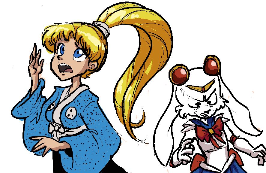 ambiguous_gender blonde_hair blue_eyes breasts clothed clothing crossdressing female fur hair human lagomorph mammal miyamoto_usagi rabbit sailor_moon_(character) sailor_moon_(series) simple_background unknown_artist usagi_tsukino usagi_yojimbo white_background white_fur