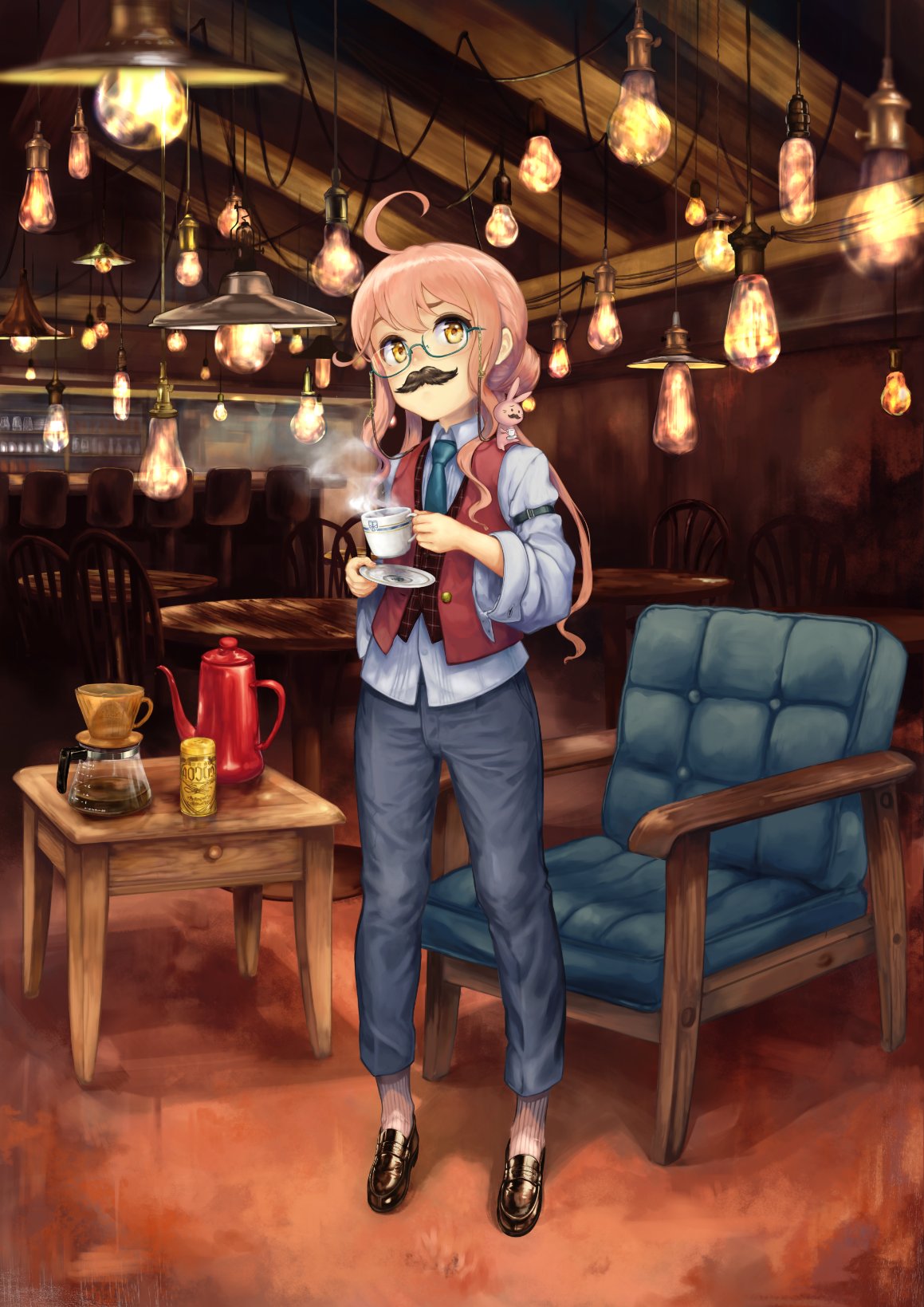 ahoge alternate_costume animal animal_on_shoulder bunny chair coffee_pot commentary_request cup fake_facial_hair fake_mustache full_body glasses hair_bun hanging_light hatomugi_seika highres indoors kantai_collection long_hair long_sleeves makigumo_(kantai_collection) necktie pants pink_hair sidelocks sleeve_garters standing table teacup vest yellow_eyes