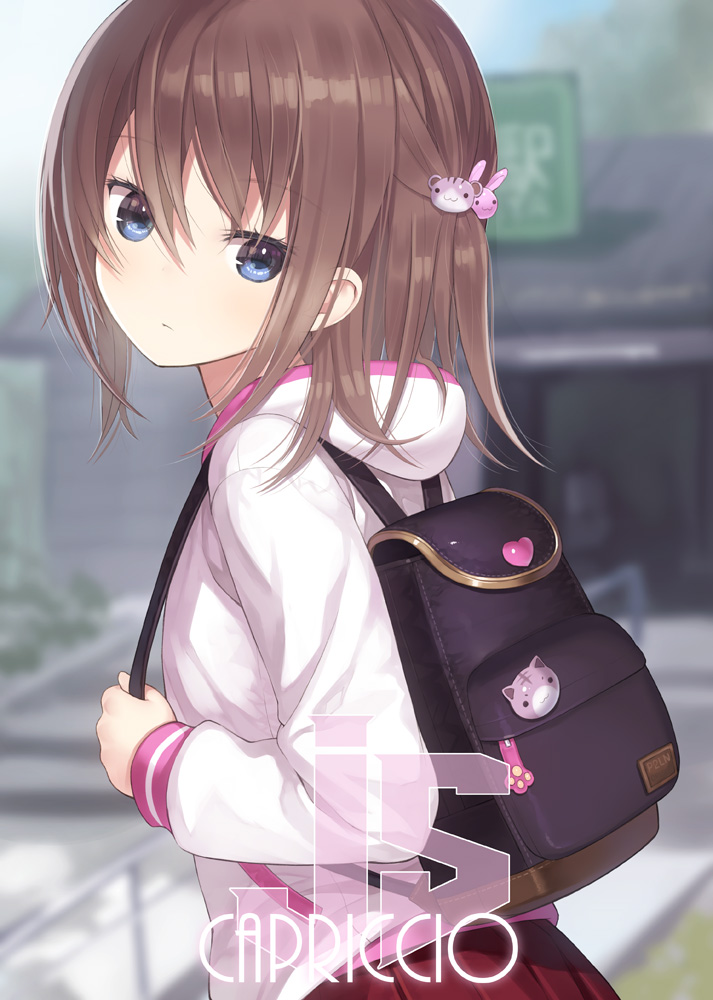 artist_name backpack bag bangs blue_eyes blue_sky blurry blurry_background brown_hair bunny_hair_ornament capriccio closed_mouth commentary_request day detached_sleeves eyebrows_visible_through_hair hair_between_eyes hair_ornament head_tilt holding hood hood_down hoodie looking_at_viewer looking_to_the_side original outdoors pleated_skirt red_skirt skirt sky solo white_hoodie