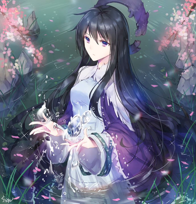 bangs black_hair blue_dress blue_eyes breasts commentary_request dress floating_hair flower houshin_engi long_hair long_sleeves medium_breasts open_hands outdoors partially_immersed partially_submerged petals petals_on_liquid plant rock ryuukitsu_koushu signature solo soriya sparkle standing tall_grass very_long_hair wading water wide_sleeves