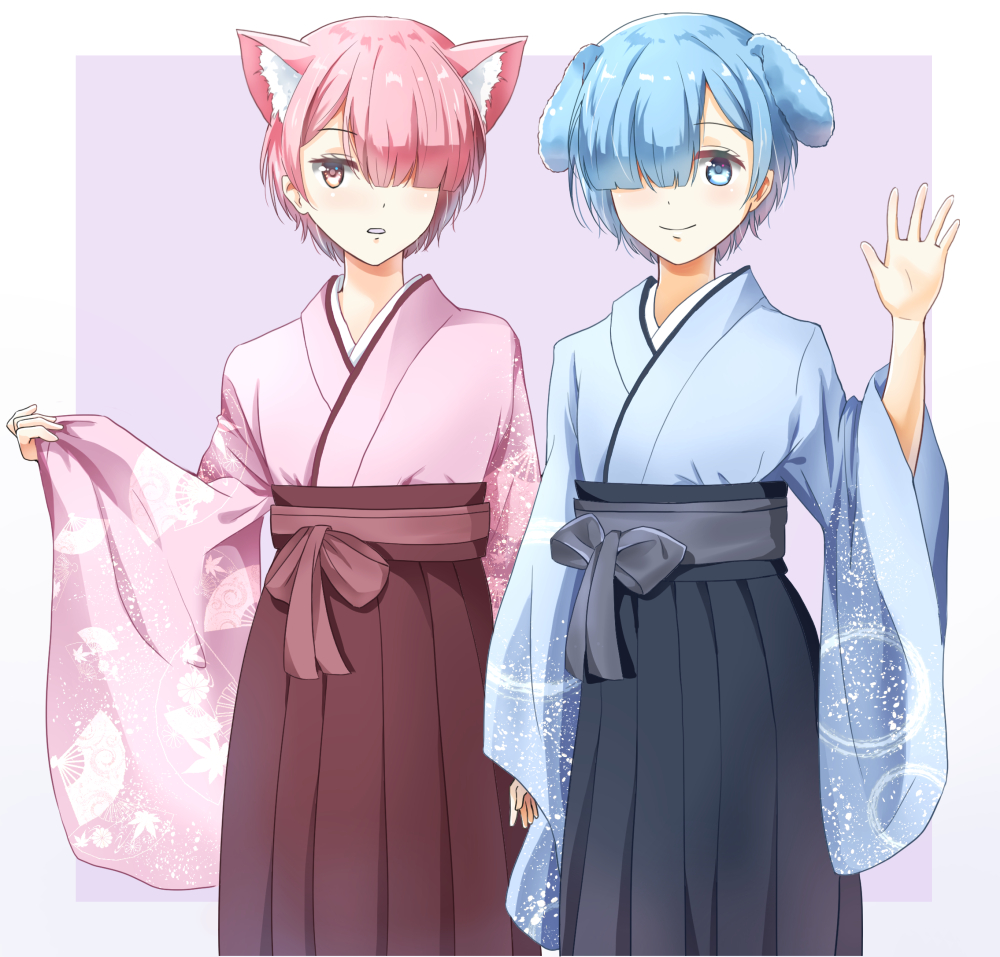 animal_ears arm_up blue_eyes blue_hair blue_kimono brothers cat_ears commentary_request dog_ears genderswap genderswap_(ftm) hair_over_one_eye japanese_clothes kemonomimi_mode kimono multiple_boys nagifa pink_eyes pink_hair pink_kimono ram_(re:zero) re:zero_kara_hajimeru_isekai_seikatsu rem_(re:zero) short_hair siblings standing wide_sleeves