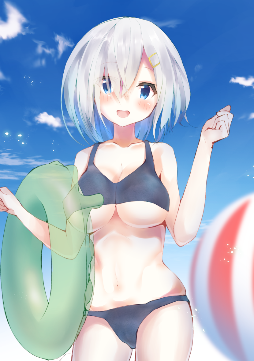:d ball bare_shoulders beachball bikini black_bikini blue_sky blurry blurry_foreground blush breasts cleavage cloud collarbone cowboy_shot day depth_of_field frills hair_ornament hair_over_one_eye hairclip hamakaze_(kantai_collection) hands_up kantai_collection large_breasts light_particles looking_at_viewer narushina navel open_mouth shiny shiny_hair short_hair sky smile solo standing stomach swimsuit tareme transparent underboob
