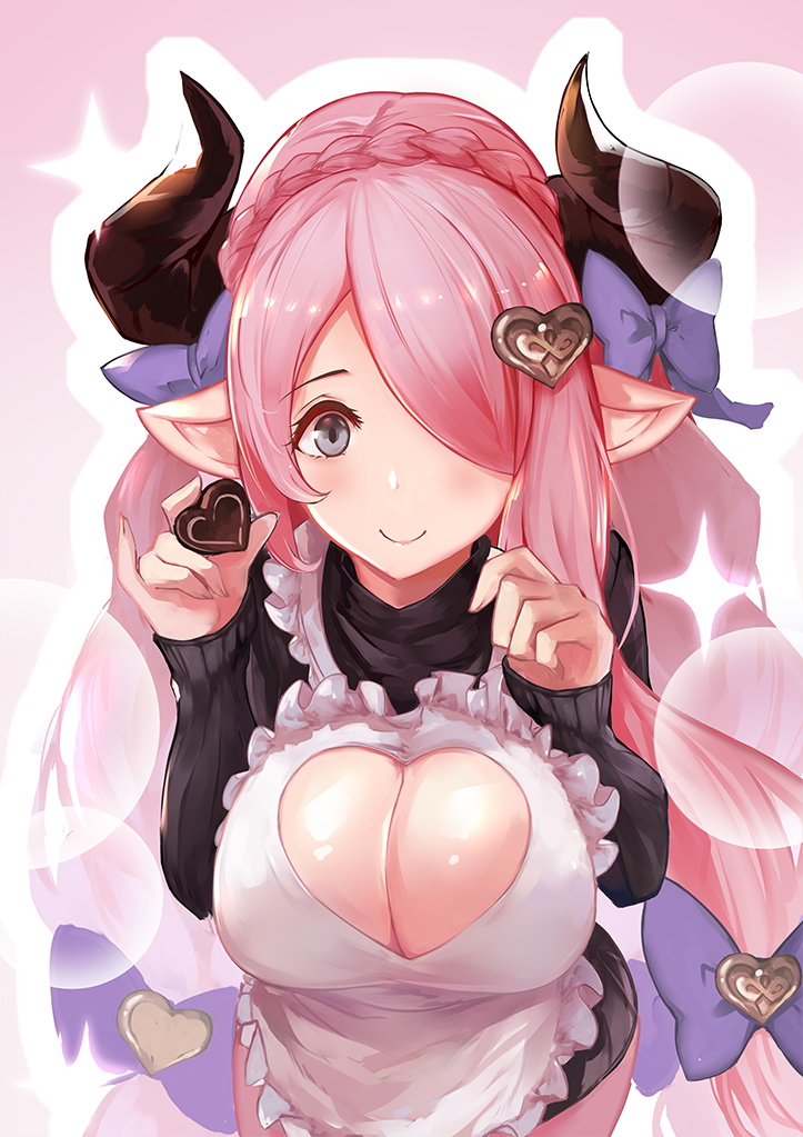 apron black_eyes blush bow braid breasts chocolate chocolate_heart cleavage cleavage_cutout closed_mouth crown_braid draph food frilled_apron frills from_above granblue_fantasy hair_bow hair_over_one_eye heart holding holding_food horns large_breasts long_hair long_sleeves looking_at_viewer looking_up low-tied_long_hair narmaya_(granblue_fantasy) pink_hair pinky_out pointy_ears purple_bow ramuda_(guilty931) red_sweater shiny shiny_hair smile solo sparkle sweater tareme two-tone_background upper_body very_long_hair white_apron