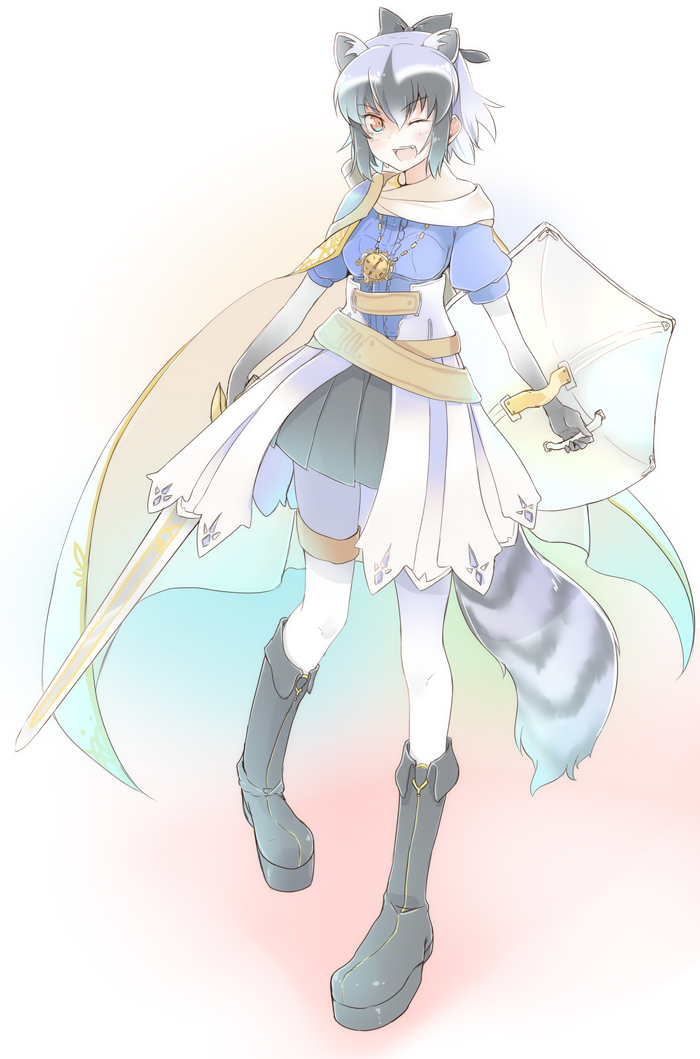 :d adapted_costume amai_nekuta animal_ears black_bow black_footwear black_skirt boots bow cape common_raccoon_(kemono_friends) elbow_gloves extra_ears eyebrows_visible_through_hair fang full_body gloves grey_hair hair_bow kemono_friends knee_boots looking_at_viewer multicolored_hair open_mouth pantyhose pleated_skirt puffy_short_sleeves puffy_sleeves raccoon_ears raccoon_tail shield short_sleeves silver_hair simple_background skirt smile solo sword tail thigh_strap weapon white_background white_legwear