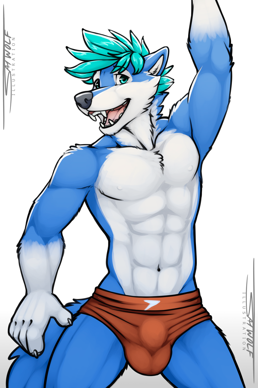 bangs black_nose blue_fur bulge canine clothing ear_tuft fangs fluffy fur green_eyes green_hair hair istricer looking_at_viewer male mammal open_maw smile solo spandex speedo swimsuit teeth tight_clothing tsaiwolf tuft white_fur wolf