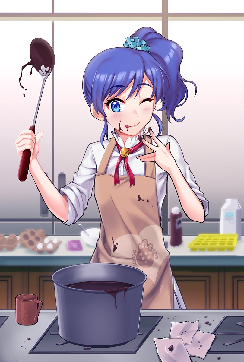 ;q aikatsu! aikatsu!_(series) apron bangs blue_eyes blue_hair blue_scrunchie bolo_tie bowl brown_apron chocolate chocolate_on_clothes chocolate_on_face chocolate_on_fingers chu_kai_man commentary_request cooking counter cup egg_carton eyebrows_visible_through_hair food food_on_face highres kiriya_aoi kitchen ladle licking_lips milk_carton mug no_jacket one_eye_closed pot red_neckwear school_uniform scrunchie shirt side_ponytail sidelocks sleeves_pushed_up solo starlight_academy_uniform stove tasting tongue tongue_out white_shirt wrapper