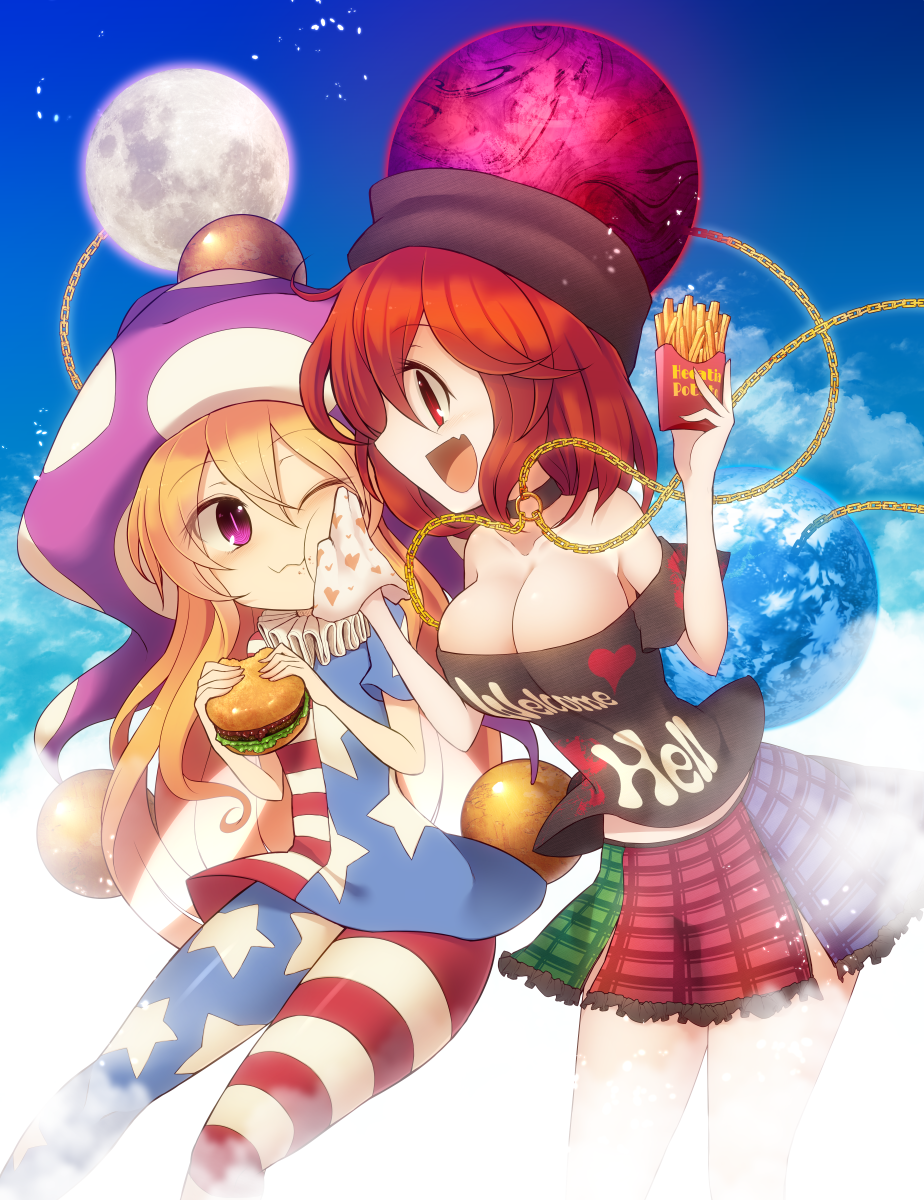 american_flag_dress american_flag_legwear bare_shoulders black_shirt blonde_hair blue_sky breasts chain cleavage cloud clownpiece collar day dress earth_(ornament) eating fang food food_on_face french_fries hair_between_eyes hamburger hat heart heart_print hecatia_lapislazuli highres holding holding_food jester_cap kuresento large_breasts miniskirt moon_(ornament) multicolored multicolored_clothes multicolored_skirt multiple_girls neck_ruff off-shoulder_shirt one_eye_closed open_mouth pantyhose polka_dot polos_crown purple_eyes purple_hat red_eyes red_hair shirt short_dress skirt sky smile star star_print striped striped_dress striped_legwear t-shirt thick_thighs thighs touhou towel