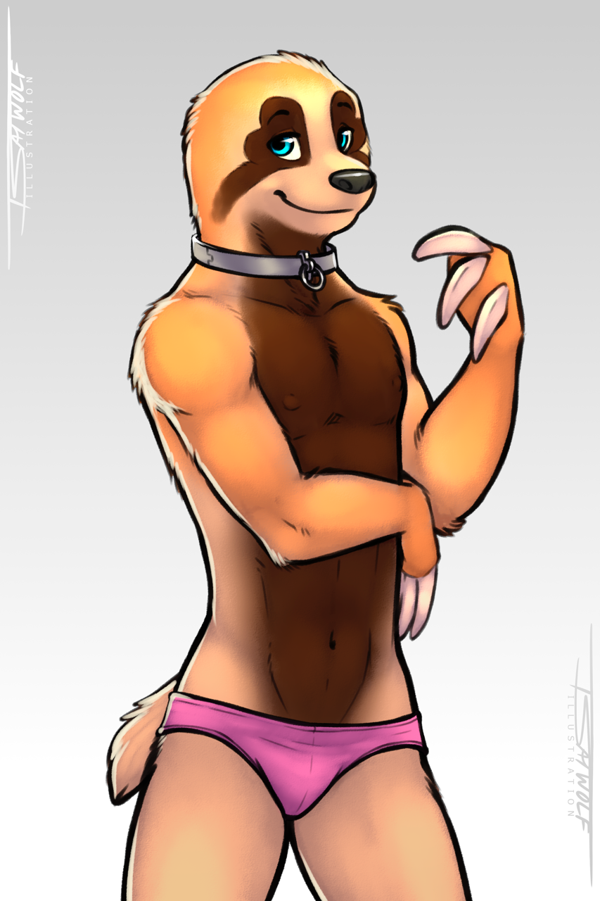 anthro black_nose blue_eyes brown_fur bulge claws clothed clothing collar fur hi_res infeision looking_at_viewer male mammal nipples panties short_tail skimpy sloth smile solo spandex speedo swimsuit tight_clothing topless tsaiwolf underwear