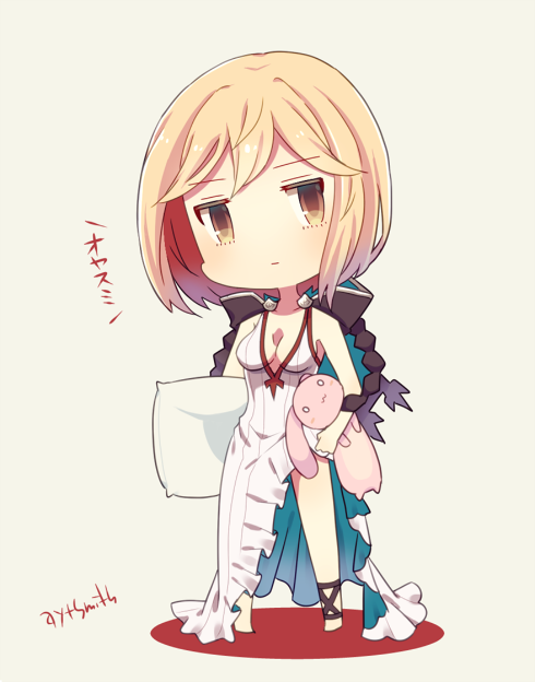 artist_name assassin_(granblue_fantasy) ayuto blonde_hair breasts brown_eyes chibi cleavage cloak commentary_request djeeta_(granblue_fantasy) doll dress granblue_fantasy hood medium_breasts pillow short_hair signature simple_background stuffed_animal stuffed_toy translated