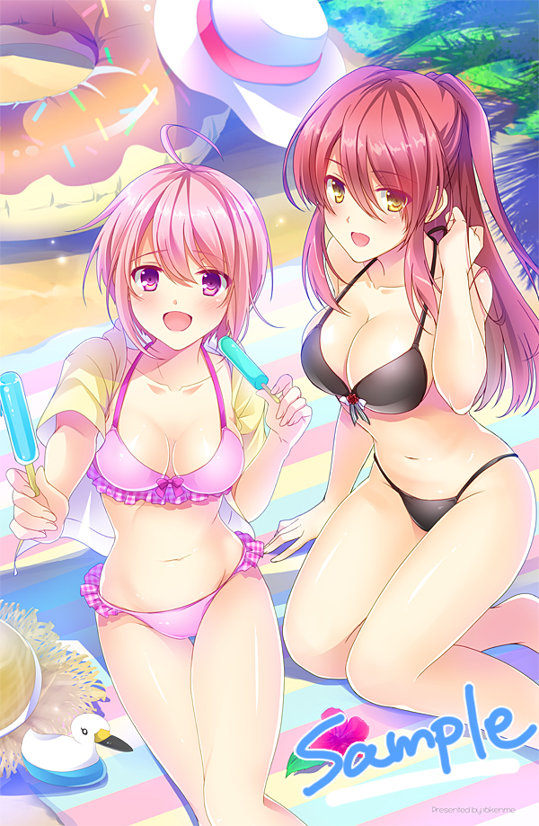 :d ahoge bara_(flower_knight_girl) bare_legs bikini black_bikini breasts cleavage collarbone flower_knight_girl food half_updo hat hat_removed headwear_removed innertube long_hair looking_at_viewer medium_breasts multicolored multicolored_stripes multicolored_towel multiple_girls navel open_mouth pink_bikini pink_eyes pink_hair ponytail popsicle red_hair rhodanthe_(flower_knight_girl) sample satou_satoru short_hair sitting smile striped summer sun_hat swimsuit towel yellow_eyes