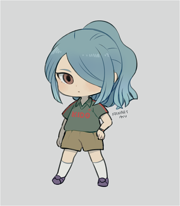 ayu_(mog) blue_hair bracelet brown_eyes brown_shorts chibi closed_mouth clothes_writing copyright_request full_body green_shirt grey_background hair_over_one_eye inazuma_eleven_(series) jewelry kazemaru_ichirouta kneehighs legs_apart looking_at_viewer ponytail purple_footwear shirt shoes short_shorts short_sleeves shorts signature simple_background solo standing white_legwear