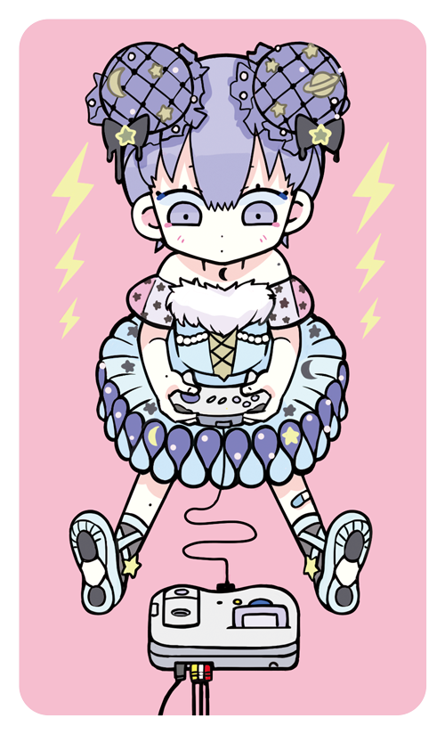bangs blush blush_stickers bow commentary_request controller dress game_controller grey_bow holding looking_at_viewer moon multicolored multicolored_clothes multicolored_dress multicolored_footwear original pink_background purple_hair saturn short_hair sitting sleeveless solo star tera