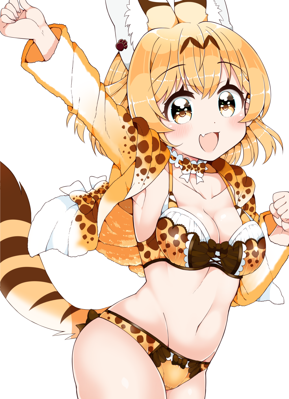 :d adapted_costume animal_ears arm_up blonde_hair blush bow bow_panties bowtie bra breasts clenched_hand collarbone commentary_request cowboy_shot ear_clip eyebrows_visible_through_hair fang highres kanjitomiko kemono_friends lingerie looking_at_viewer medium_breasts no_pants open_mouth panties print_bra print_neckwear print_panties serval_(kemono_friends) serval_ears serval_print serval_tail simple_background smile solo stomach tail underwear white_background yellow_eyes