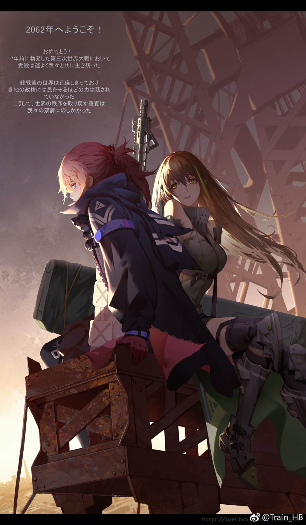 ar-15 arm_support armband armor artist_name assault_rifle bandana bangs bare_shoulders belt black_hair black_legwear blue_eyes boots breasts brown_eyes brown_hair buckle cityscape closed_mouth clothes_around_waist cloud coat crane evening expressionless eyebrows_visible_through_hair gauntlets girls_frontline gloves green_hair gun hair_between_eyes hair_ornament headphones highres holding holding_gun holding_weapon jacket jacket_around_waist knee_boots knee_pads large_breasts letterboxed long_hair looking_at_another looking_at_viewer m4_carbine m4a1_(girls_frontline) magpul mod3_(girls_frontline) multicolored_hair multiple_girls open_clothes open_coat open_jacket orange_sky pink_hair ponytail ribbed_sweater rifle sidelocks sitting sky sleeveless st_ar-15_(girls_frontline) strap streaked_hair sweater sweater_vest thighhighs thighs train_hb weapon weapon_case