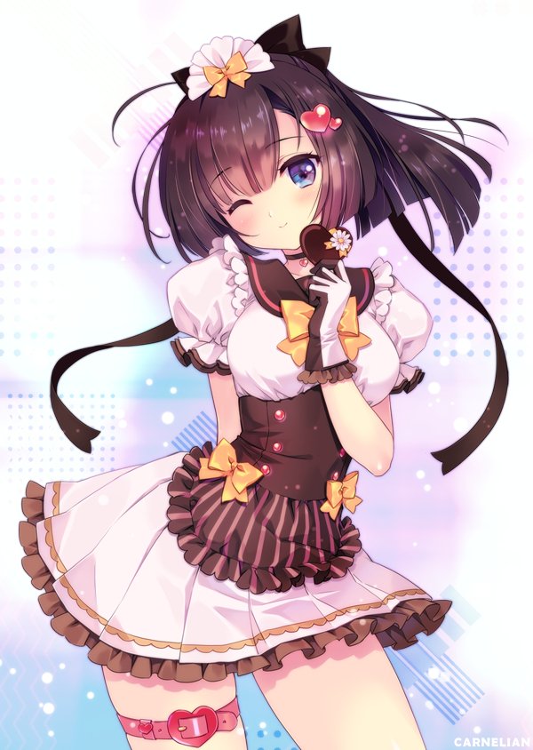 adapted_costume akizuki_(kantai_collection) artist_name bangs belt blue_eyes blush bow breasts brown_hair carnelian choker closed_mouth cowboy_shot eyebrows_visible_through_hair hair_between_eyes heart holding kantai_collection long_hair long_sleeves looking_at_viewer medium_breasts one_eye_closed orange_bow ponytail ribbon shirt simple_background smile solo standing thigh_strap