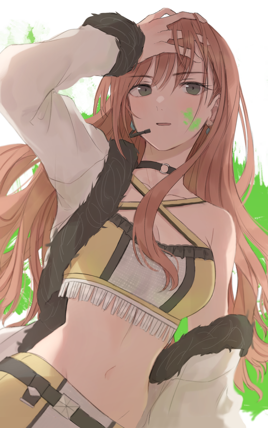 :d arisugawa_natsuha arm_up bangs bare_shoulders belt black_choker breasts brown_hair choker cleavage collarbone criss-cross_halter crop_top cross-laced_clothes dutch_angle earrings eyebrows_visible_through_hair eyes_visible_through_hair facepaint female fur-trimmed_jacket fur_trim grey_eyes groin hair_between_eyes halterneck hand_on_own_head headset highres idolmaster idolmaster_shiny_colors jacket jewelry long_hair long_sleeves looking_at_viewer medium_breasts microphone midriff mxwbr navel neck o-ring o-ring_choker off_shoulder open_clothes open_jacket open_mouth paint_splatter parted_lips shirt sleeveless sleeveless_shirt smile solo upper_body white_background white_jacket yellow_shirt
