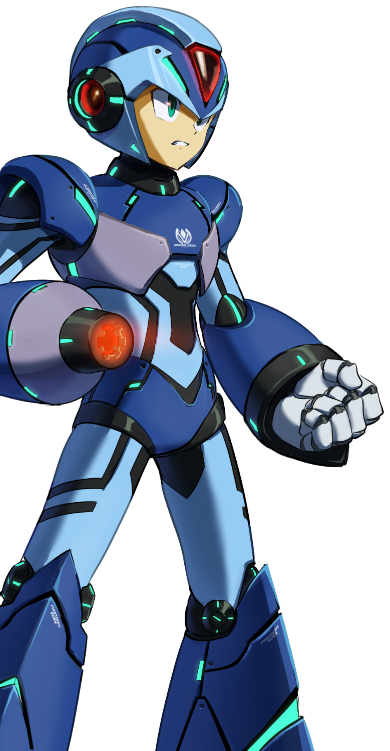 1boy android arm_cannon capcom clenched_hand clenched_teeth green_eyes helmet highres male_focus robot_joints rockman rockman_x simple_background solo standing teeth user_fuyz3388 weapon white_background x_(rockman)