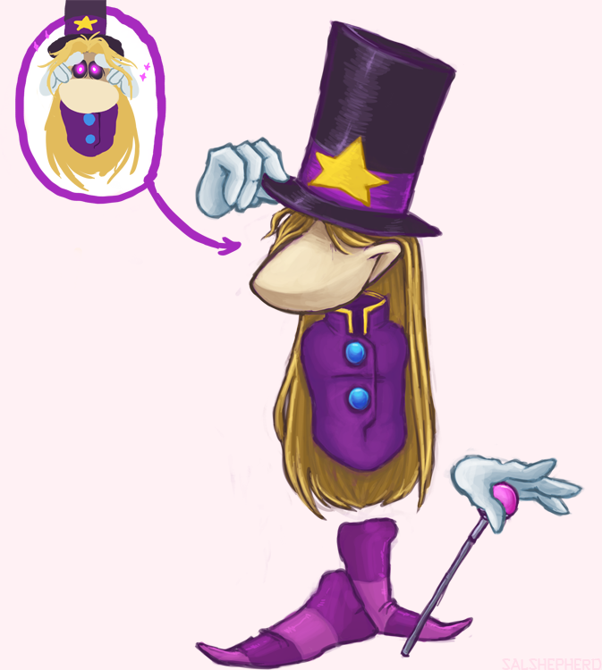 blonde_hair cane clothed clothing digital_media_(artwork) floating_hands footwear gloves hair hat hi_res humanoid legwear long_hair looking_at_viewer male not_furry purple_eyes rayman_(series) salavante salshepherd shoes simple_background smile solo standing star the_magician_(rayman) thingamajig top_hat video_games