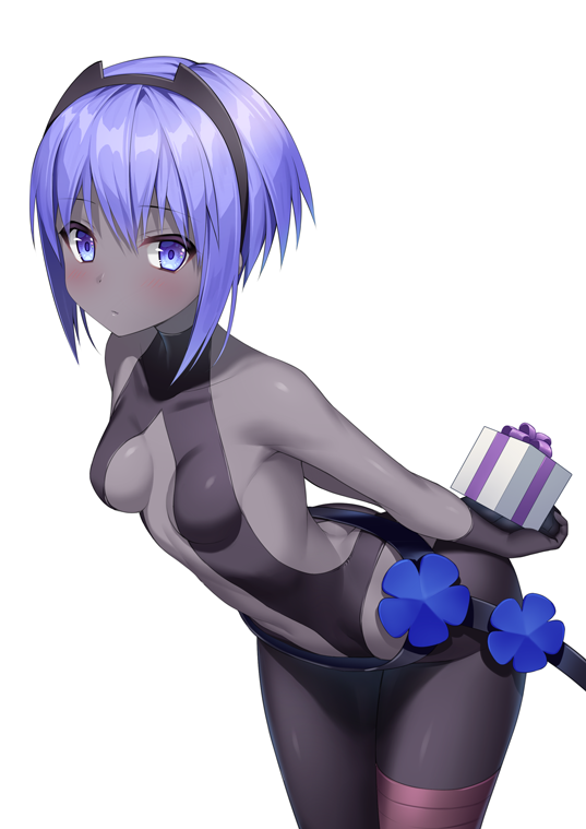 arms_behind_back ass bangs bare_shoulders belt black_gloves black_leotard blush box breasts butt_crack closed_mouth cowboy_shot eyebrows_visible_through_hair fate/prototype fate/prototype:_fragments_of_blue_and_silver fate_(series) gift gift_box gloves grey_skin hair_between_eyes hairband hassan_of_serenity_(fate) holding holding_gift leaning_forward leggings leotard looking_at_viewer mashima_(sumachi) purple_eyes purple_hair sidelocks simple_background small_breasts solo white_background