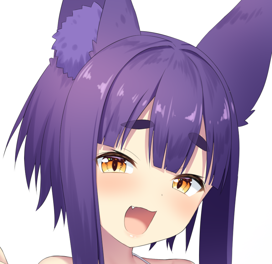 :d animal_ears bangs bare_shoulders blush brown_eyes character_request eyebrows_visible_through_hair face fang fox_ears head_tilt long_hair looking_at_viewer mashima_(sumachi) open_mouth otogi_frontier portrait purple_hair sidelocks simple_background smile solo thick_eyebrows white_background