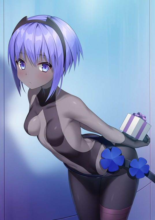 arms_behind_back ass bangs bare_shoulders belt black_gloves black_leotard blush box breasts butt_crack closed_mouth commentary_request cowboy_shot eyebrows_visible_through_hair fate/prototype fate/prototype:_fragments_of_blue_and_silver fate_(series) gift gift_box gloves grey_skin hair_between_eyes hairband hassan_of_serenity_(fate) holding holding_gift leaning_forward leggings leotard looking_at_viewer mashima_(sumachi) purple_eyes purple_hair sidelocks small_breasts solo