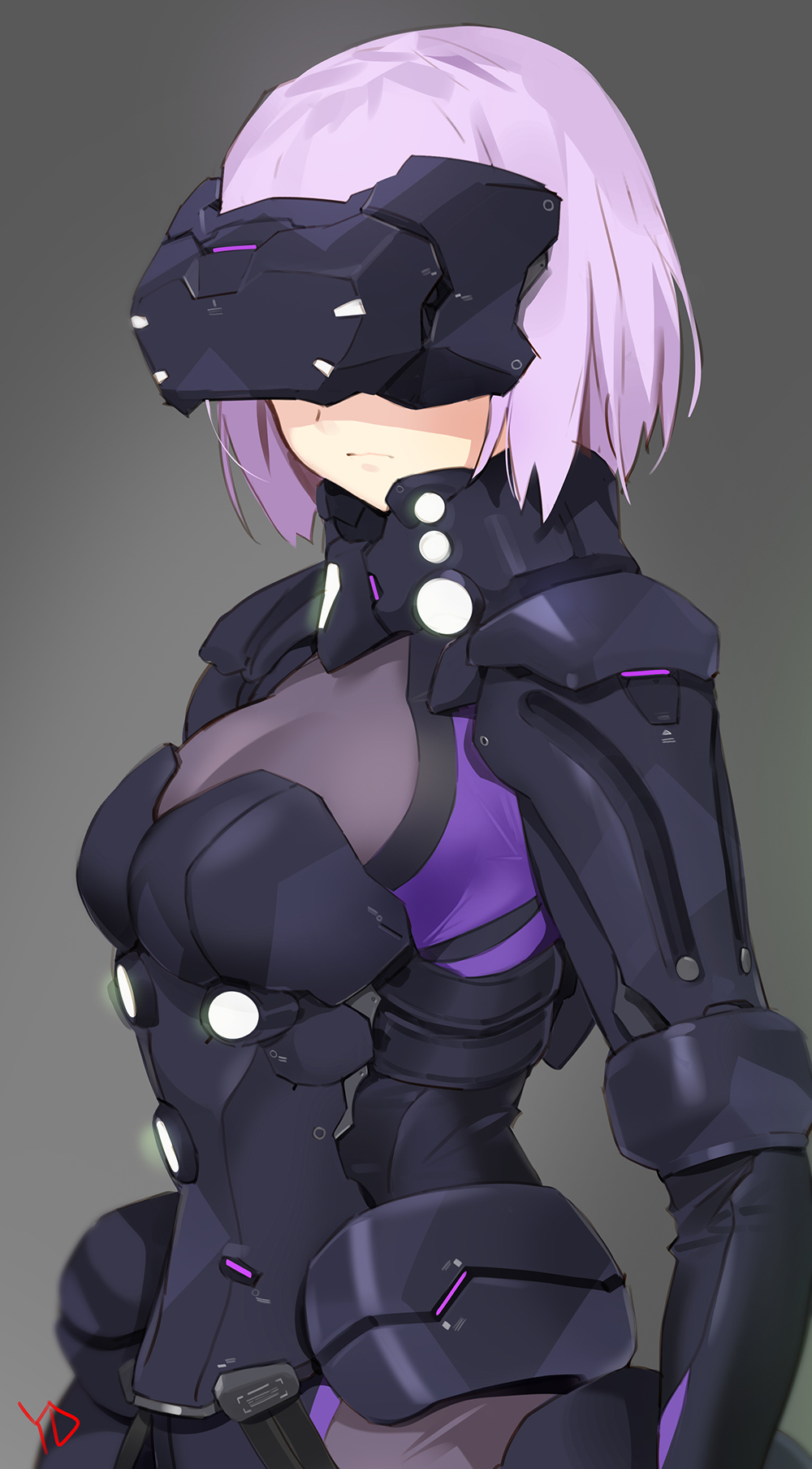 adapted_costume armor arms_at_sides artist_name black_armor black_leotard blurry bodystocking breastplate breasts cleavage closed_mouth covered_eyes depth_of_field fate/grand_order fate_(series) faulds glowing gorget grey_background highres leotard mash_kyrielight medium_breasts multicolored multicolored_clothes multicolored_leotard neon_trim ortenaus pauldrons pink_hair pouch purple_leotard see-through serious short_hair signature simple_background solo standing upper_body vr_visor yang-do