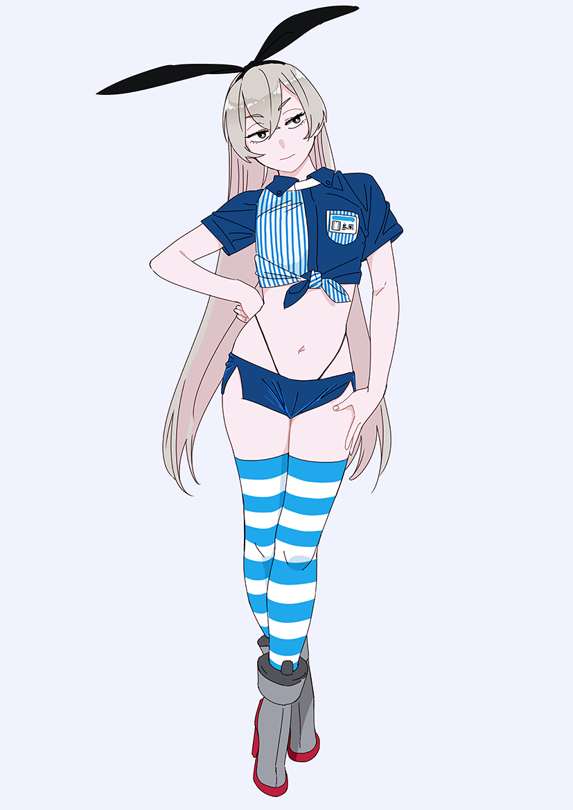 adapted_costume black_panties blonde_hair blue_shorts employee_uniform full_body grey_background grey_eyes hand_on_hip highleg highleg_panties id_card kantai_collection lawson long_hair looking_to_the_side ojipon panties shimakaze_(kantai_collection) shirt short_shorts shorts simple_background solo striped striped_legwear striped_shirt thighhighs tied_shirt underwear uniform vertical-striped_shirt vertical_stripes