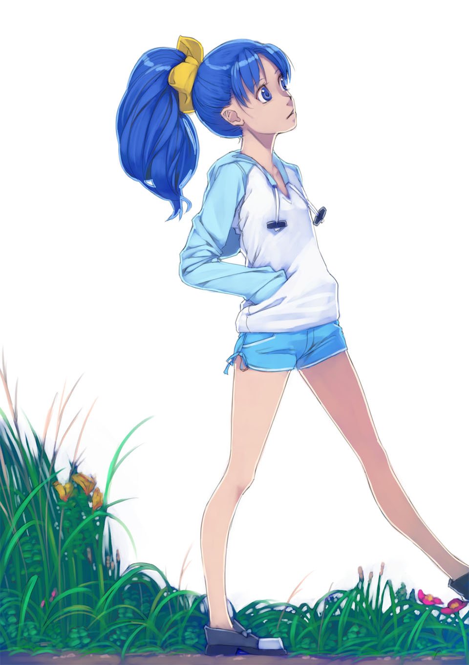akinbo_(hyouka_fuyou) alternate_hairstyle blue_eyes blue_hair blue_shorts blue_sleeves bow hair_bow hand_in_pocket highres hood hood_down hooded_sweater kirakira_precure_a_la_mode long_hair long_sleeves looking_up ponytail precure shiny shiny_hair short_shorts shorts simple_background solo sweater tategami_aoi walking white_background white_sweater yellow_bow