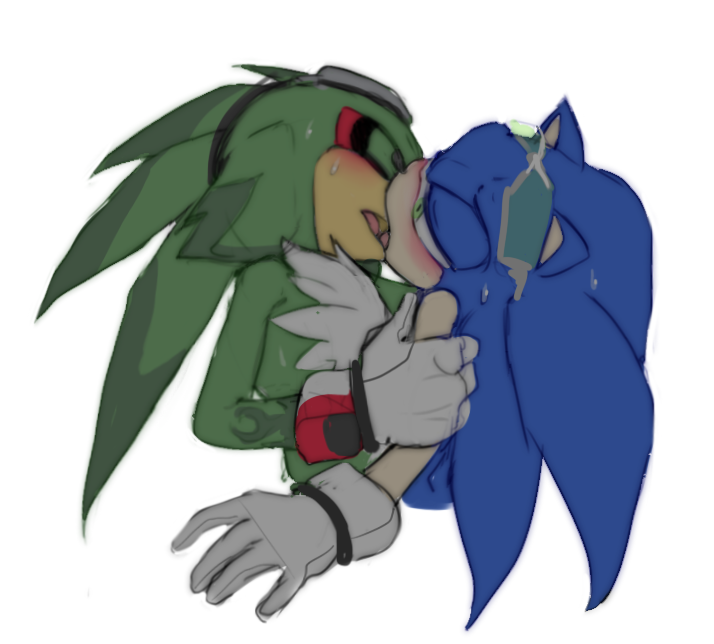 avian bird blue_fur blush chest_tuft duo einnharder eyes_closed eyewear fluffy fur glasses goggles green_eyes green_fur hawk hedgehog jet_the_hawk kissing male male/male mammal nude open_maw sonic_(series) sonic_riders sonic_the_hedgehog sunglasses tattoo tongue tuft