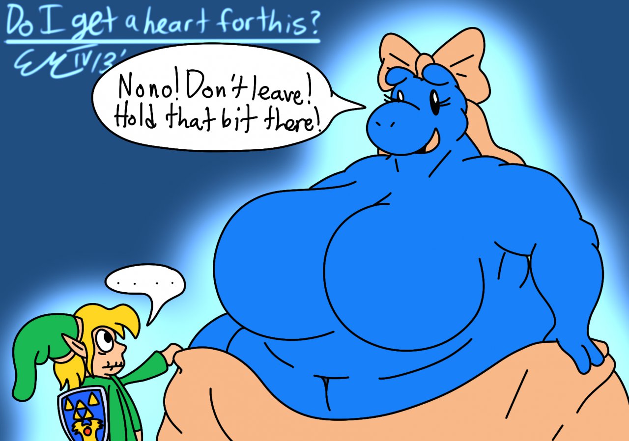 big_breasts blue_background breasts english_text featureless_breasts female hippopotamus huge_breasts humanoid hylian kurohachuurui link link's_awakening male mammal nintendo overweight overweight_female ribbons simple_background speech_bubble text the_legend_of_zelda towl video_games