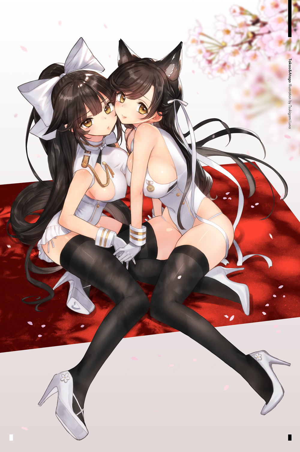 alternate_legwear animal_ears arm_support artist_name atago_(azur_lane) azur_lane bad_id bad_pixiv_id bangs bare_shoulders black_legwear blurry blurry_background blush bow breasts brown_eyes brown_hair character_name cheek-to-cheek closed_mouth commentary_request covered_nipples depth_of_field eyebrows_visible_through_hair flower gloves hair_bow hair_ribbon high_heels high_ponytail highres large_breasts leotard long_hair medal multiple_girls panties petals pink_flower ponytail pumps ribbon side-tie_panties sideboob sidelocks sitting smile takao_(azur_lane) taut_clothes thighhighs tsukigami_runa underwear very_long_hair white_bow white_footwear white_gloves white_leotard white_panties white_ribbon