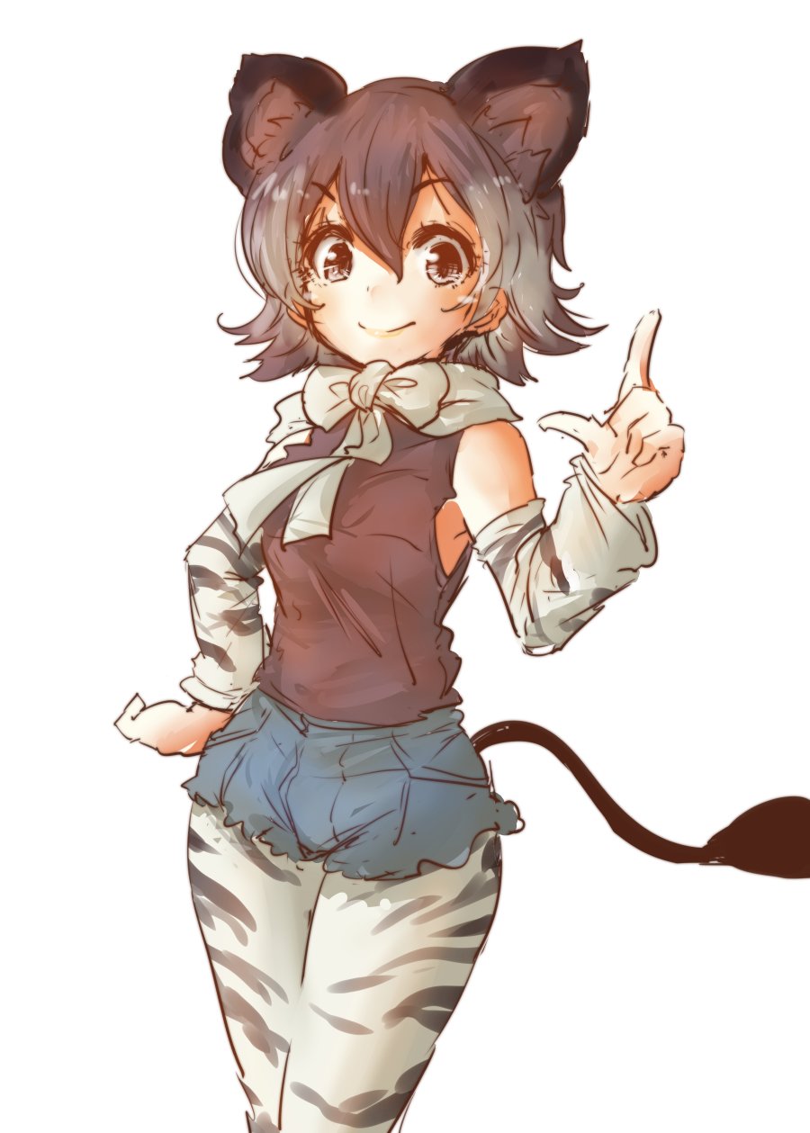 bare_shoulders bow bowtie brown_hair commentary denim denim_shorts detached_sleeves eyebrows_visible_through_hair highres kemono_friends multicolored_hair okapi_(kemono_friends) okapi_ears okapi_tail pantyhose short_hair short_shorts shorts solo striped tikano vest white_hair