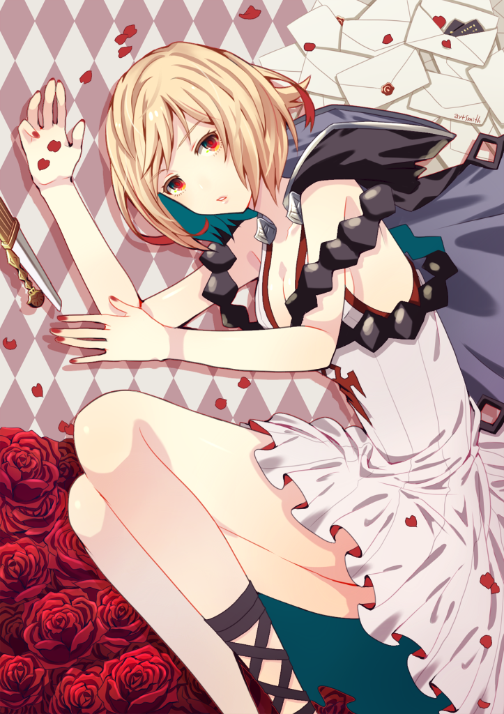 ankle_lace-up assassin_(granblue_fantasy) ayuto blonde_hair breasts capelet checkered checkered_background cleavage commentary_request cross-laced_footwear dagger djeeta_(granblue_fantasy) dress flower granblue_fantasy hood long_dress lying mail medium_breasts nail_polish on_side petals red_eyes rose rose_petals solo twitter_username weapon