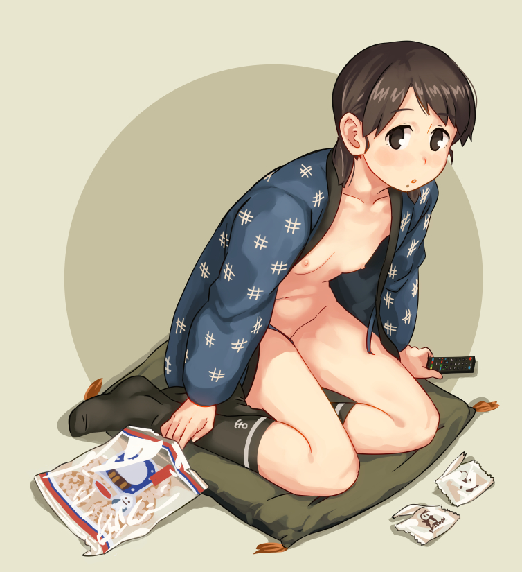 :o anchor_print black_legwear blush bottomless breasts brown_eyes brown_hair collarbone controller cushion eyebrows_visible_through_hair food food_on_face full_body green_background hanten_(clothes) kantai_collection kneehighs leaning_forward long_sleeves looking_at_viewer makio_(makiomeigenbot) naked_coat navel nipples no_shoes open_clothes remote_control shirayuki_(kantai_collection) sitting small_breasts snack socks solo wrapper yokozuwari