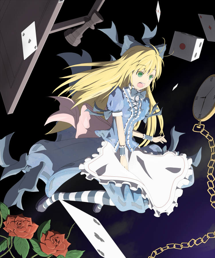 alice_(wonderland) alice_in_wonderland blonde_hair board_game bow card chain chess colorized dice falling_card flower green_eyes hair_bow long_hair nogisaka_kushio pocket_watch rose solo watch