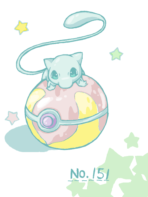 gen_1_pokemon heal_ball legendary_pokemon mew no_humans number o17 oekaki poke_ball pokemon pokemon_(creature) pokemon_number riding shiny_pokemon simple_background solo star tegaki