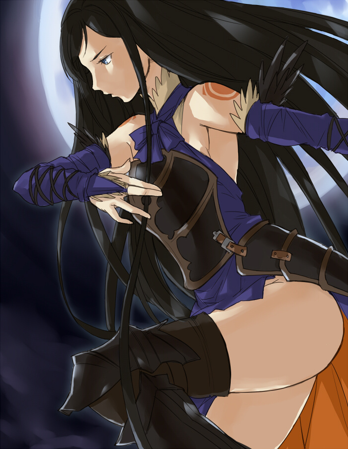 bad_id bad_pixiv_id bare_shoulders black_hair blue_eyes boots bridal_gauntlets castlevania castlevania:_order_of_ecclesia elbow_gloves gloves gus_(clarkii) long_hair moon no_panties shanoa solo thigh_boots thighhighs thighs