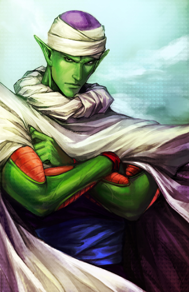 cape dragon_ball dragon_ball_z green_skin hat male_focus manly noa_ikeda piccolo pointy_ears realistic shoulder_pads solo