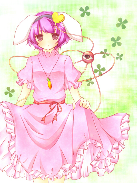 animal_ears bad_id bad_pixiv_id blush bunny_ears carrot carrot_necklace colored_eyelashes cosplay dress eyelashes frills hairband heart inaba_tewi inaba_tewi_(cosplay) jewelry komeiji_satori kureha_goya necklace no_nose open_mouth pendant pink_eyes pink_hair short_hair solo touhou