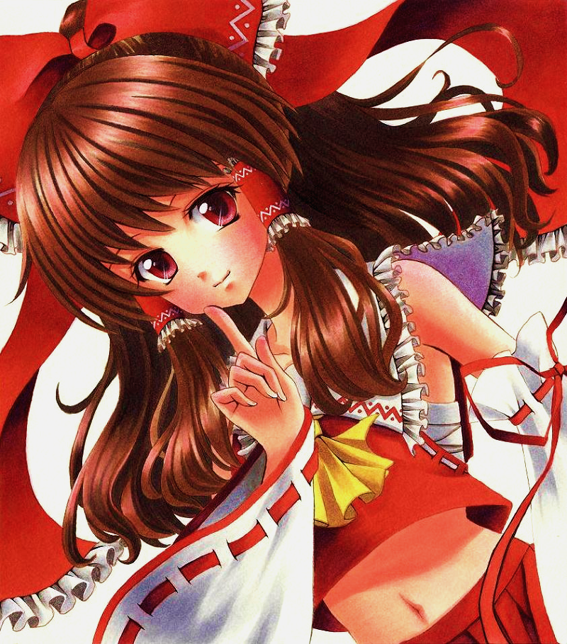 brown_hair colored_pencil_(medium) detached_sleeves dutch_angle hair_ribbon hakurei_reimu jpeg_artifacts maico red_eyes ribbon solo touhou traditional_media