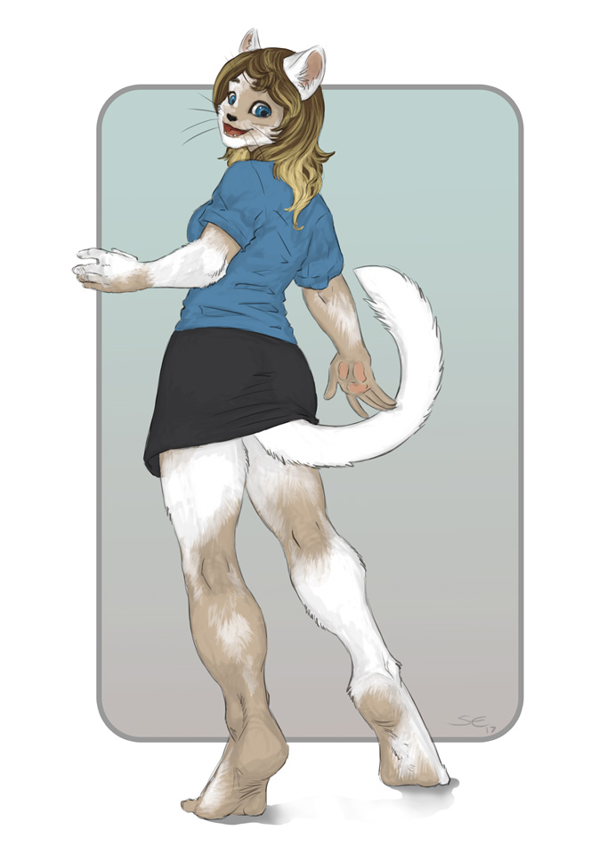 2017 anthro barefoot blue_eyes breasts butt_pose cat clothed clothing feline female hair mammal open_mouth sabretoothed_ermine shirt skirt smile solo standing transformation