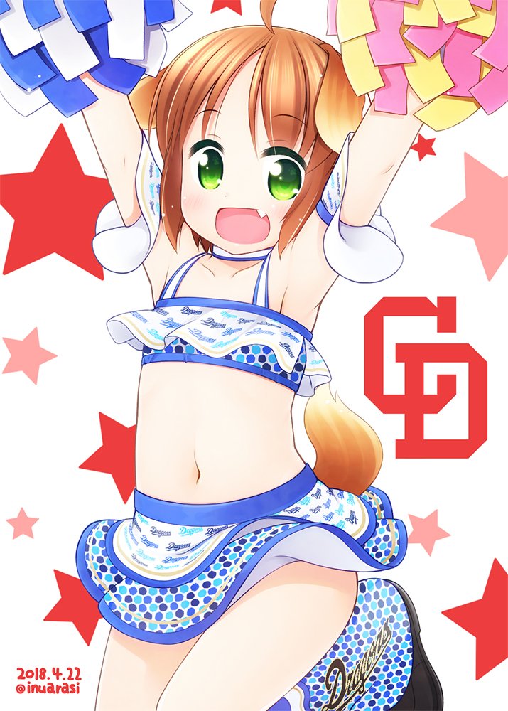 :d \o/ ahoge animal_ears arms_up bangs bare_shoulders black_footwear blush brown_hair cheerleader collarbone commentary crop_top dated dog_ears dog_girl dog_tail eyebrows_visible_through_hair fang green_eyes holding inuarashi looking_at_viewer meiko_(inuarashi) navel open_mouth original outstretched_arms pom_poms shoes skirt smile solo standing standing_on_one_leg star tail twitter_username white_background