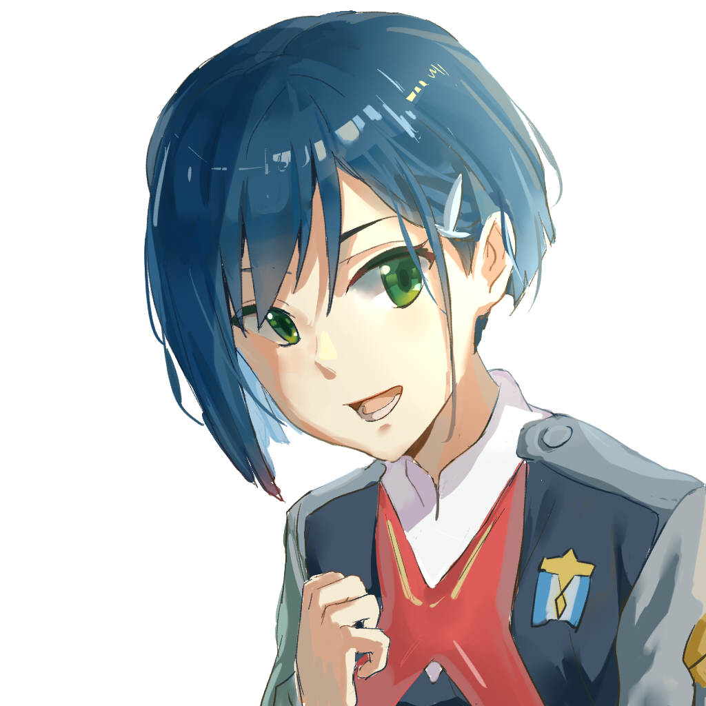 1girl blue_hair bob_cut darling_in_the_franxx green_eyes hair_ornament hairclip hand_on_own_chest ichigo_(darling_in_the_franxx) looking_to_the_side mao_wei_du_jiao_shou open_mouth portrait short_hair simple_background smile solo uniform white_background