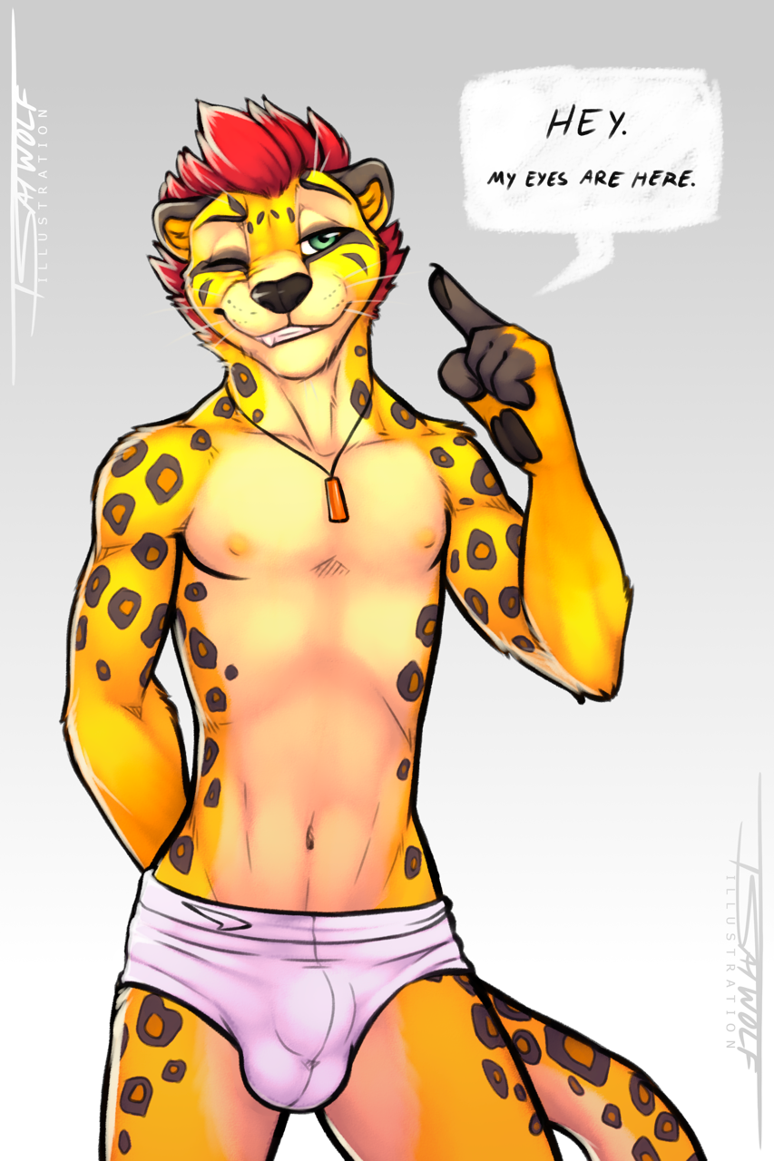 bulge claws clothed clothing fangs feline fur green_eyes grin hair jewelry long_tail looking_at_viewer male mammal necklace nipples ocelot red_hair skimpy smile solo spandex speedo swimsuit teeth tight_clothing tsaiwolf whiskers yellow_fur