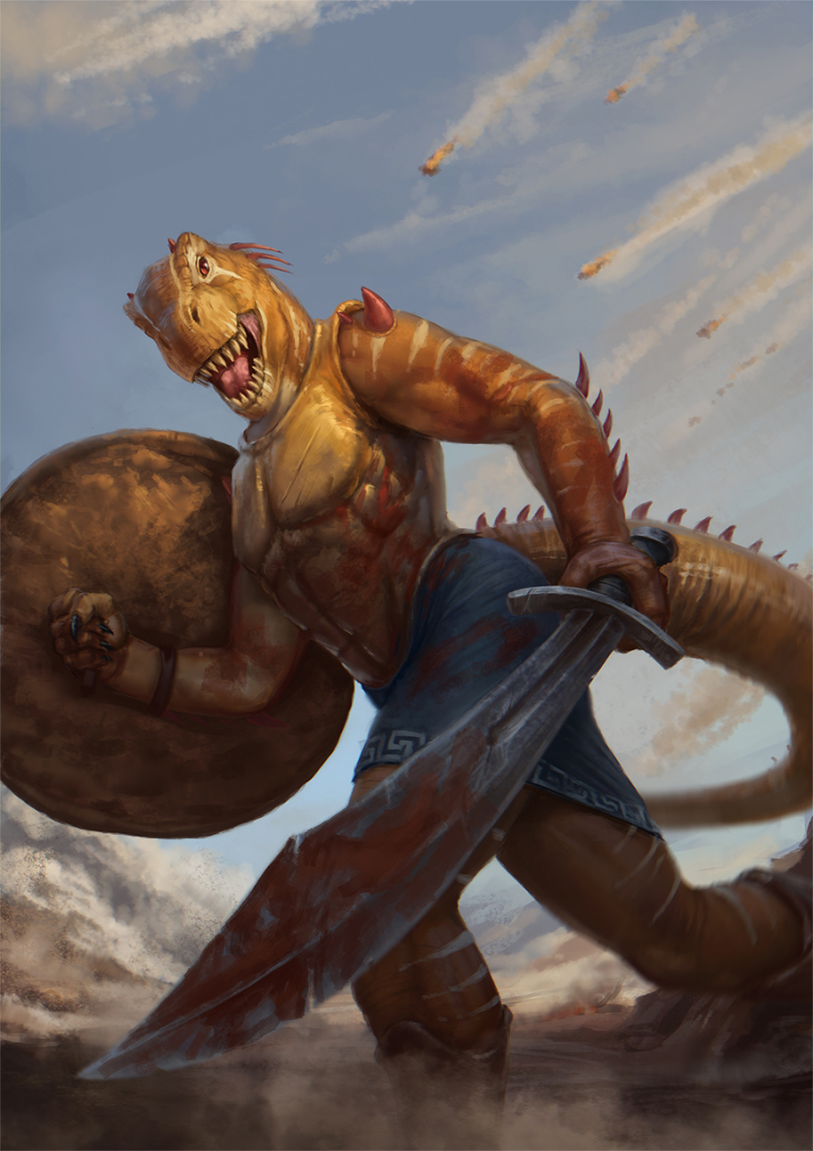 2018 anthro clothed clothing conditional_dnp day detailed_background digital_media_(artwork) dinosaur holding_object holding_weapon latex_(artist) male open_mouth outside reptile scalie sky solo teeth tongue topless warrior weapon